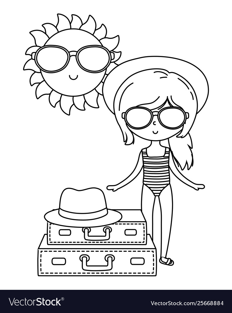 Summer and kids cartoon in black white