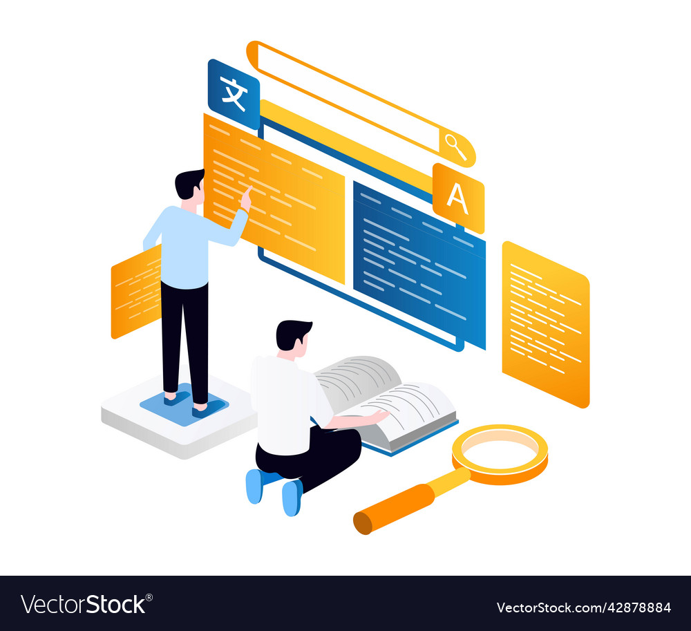 Two men translating language with app vector image Two men translating language with app