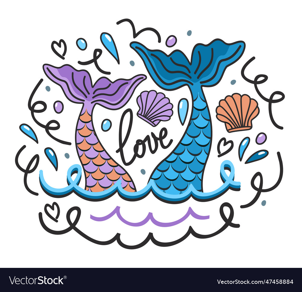 Two mermaid tails in waves love concept Royalty Free Vector