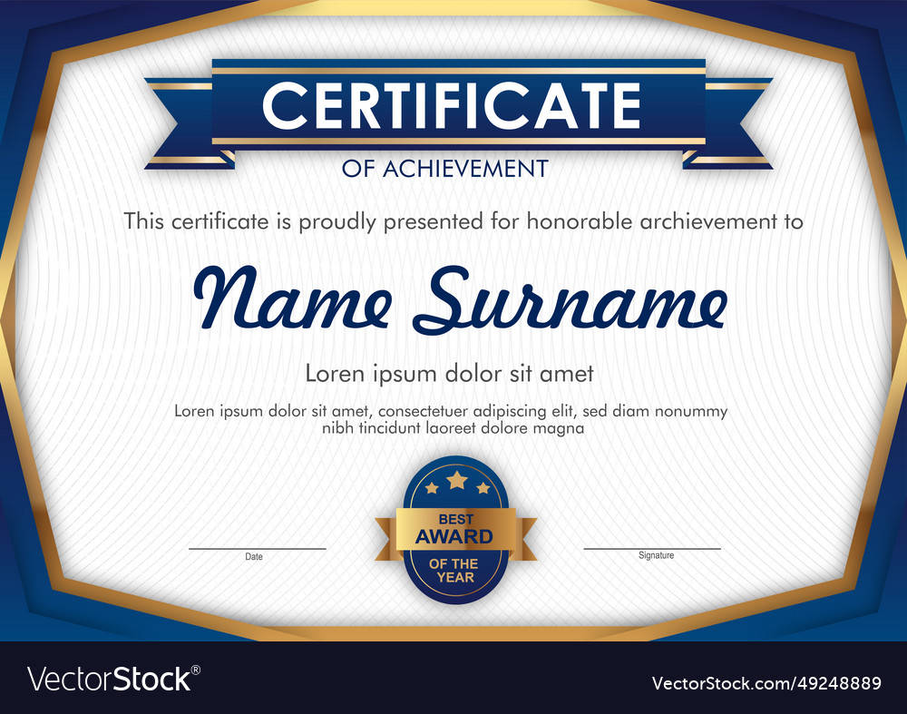 Blue and gold certificate template Royalty Free Vector Image