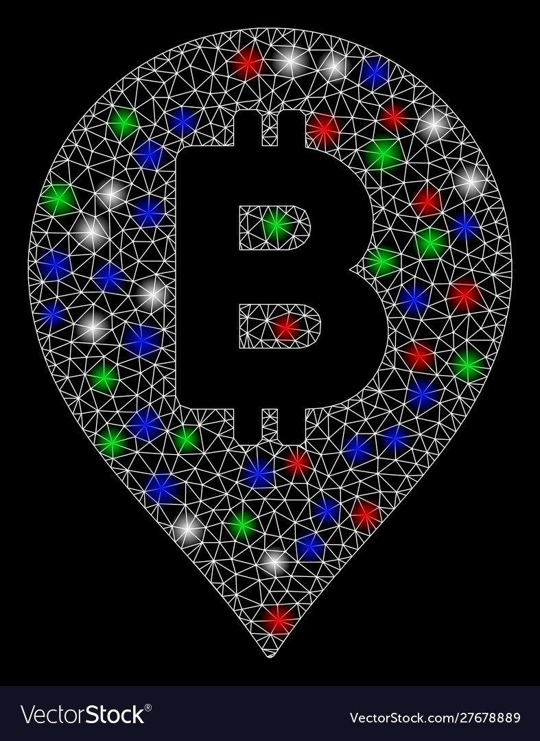 Bright mesh carcass bitcoin map marker with flash vector image Bright mesh carcass bitcoin map marker with flash