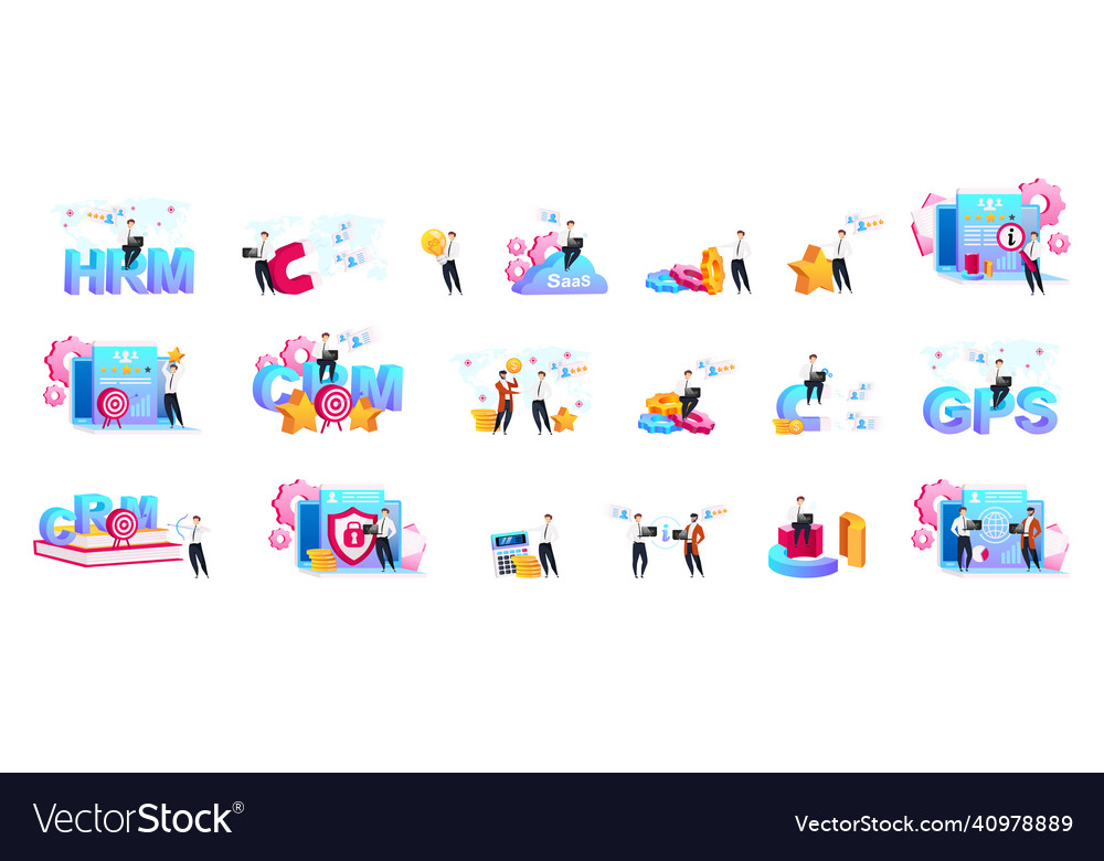 Crm flat concept set processes automation vector image Crm flat concept set processes automation
