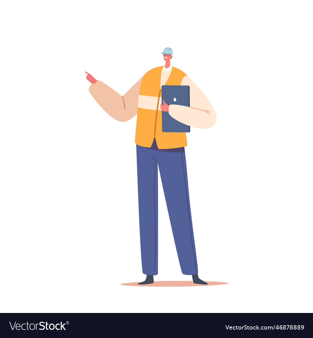 Factory engineer male character using tablet vector image Factory engineer male character using tablet