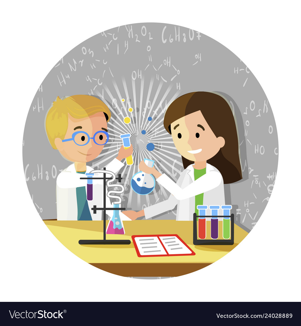 Happy classmates make experiments in laboratory vector image Happy classmates make experiments in laboratory