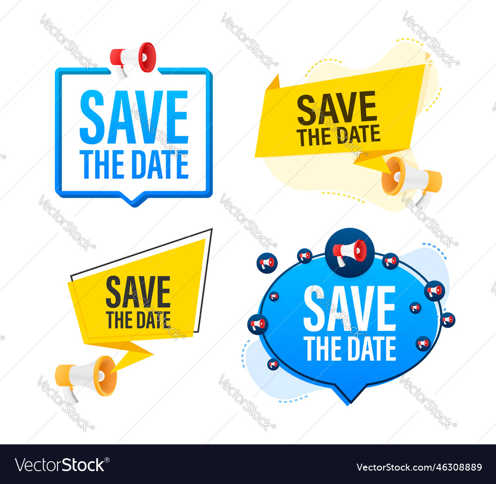 Megaphone label set with text save the date