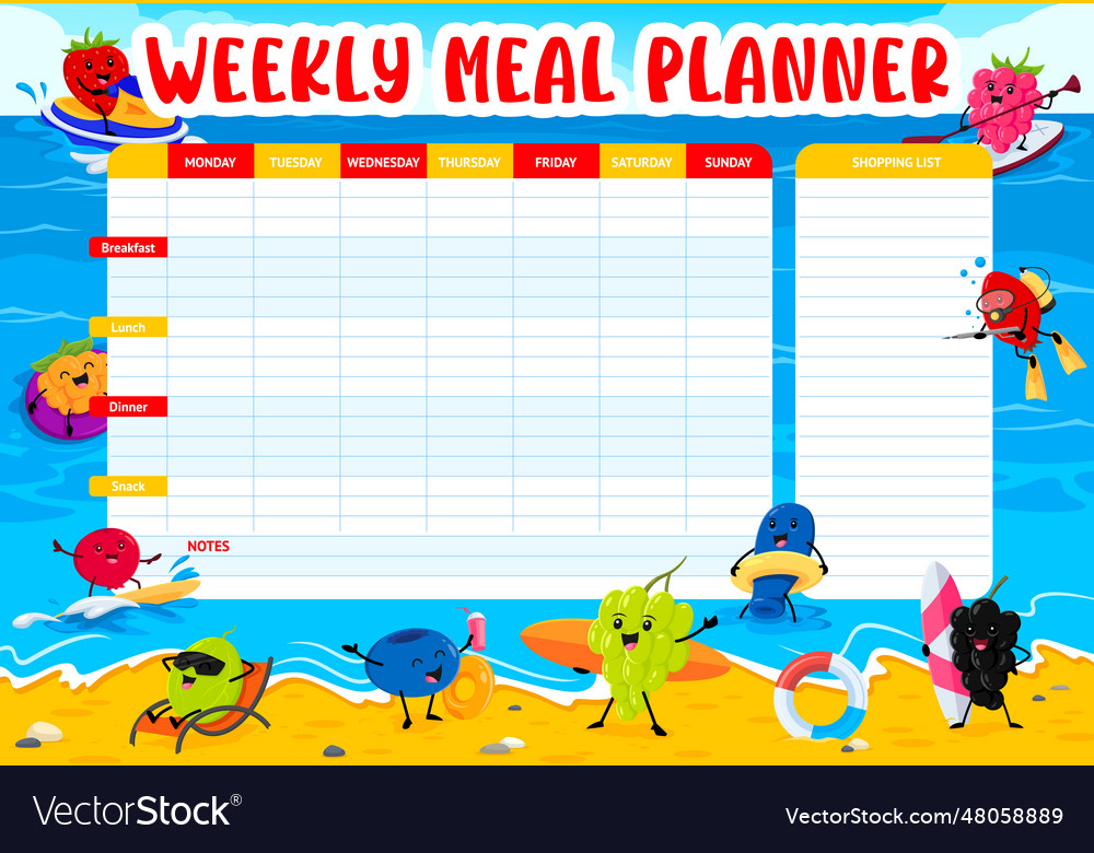 Weekly meal planner with berry characters beach