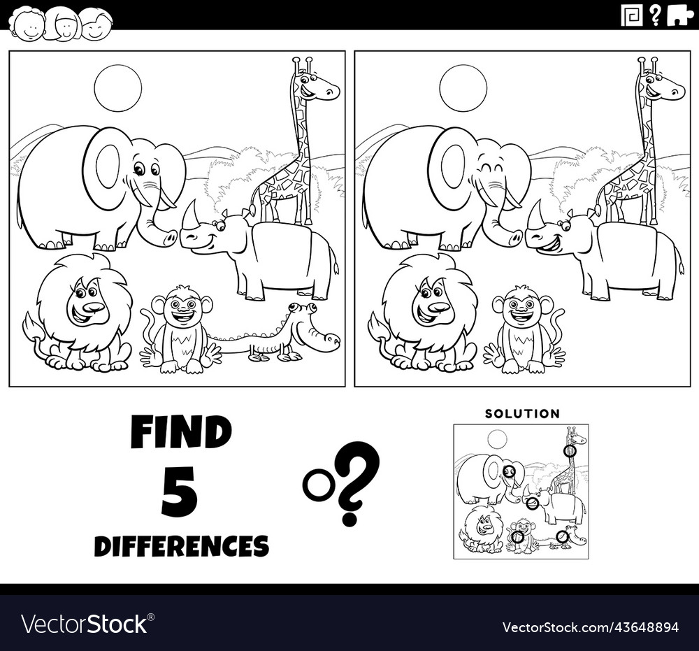 Differences game with cartoon safari animals Vector Image