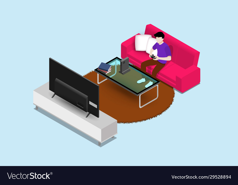 Man character playing a game console on large led vector image Man character playing a game console on large led
