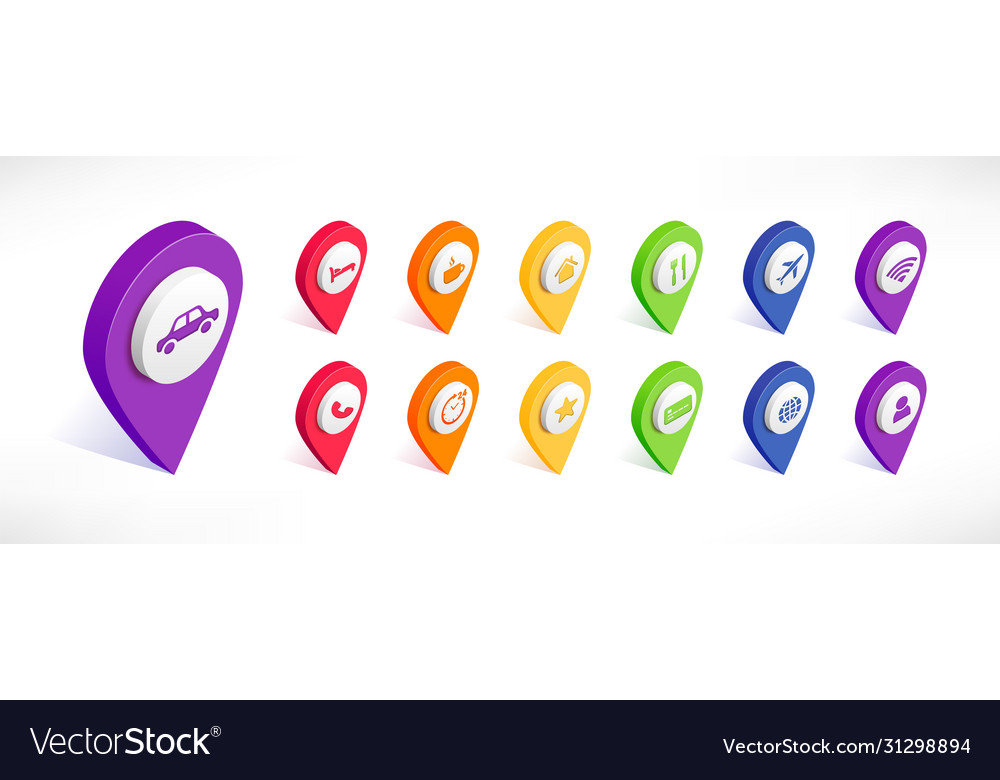 Map pointer travel pin with icons set isometric 3d vector image Map pointer travel pin with icons set isometric 3d