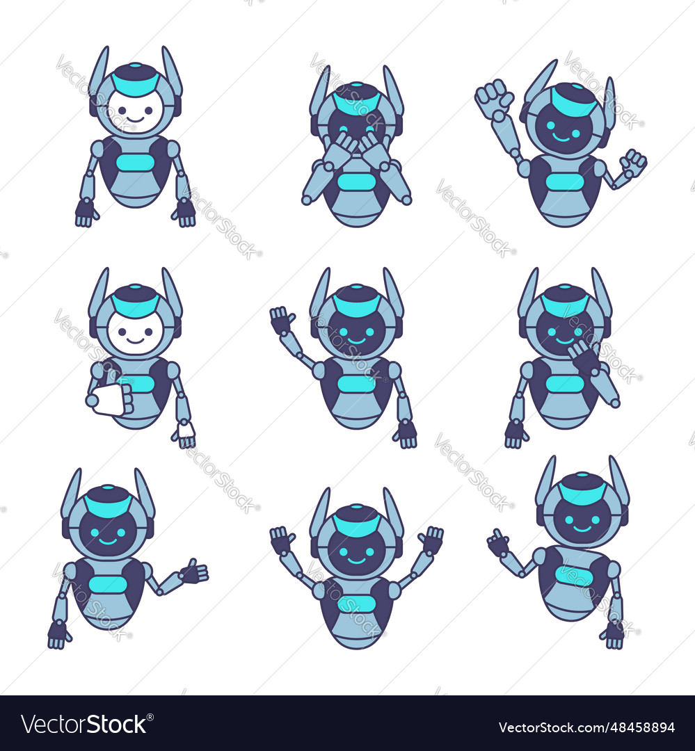 Robot character pose cartoon gesture set