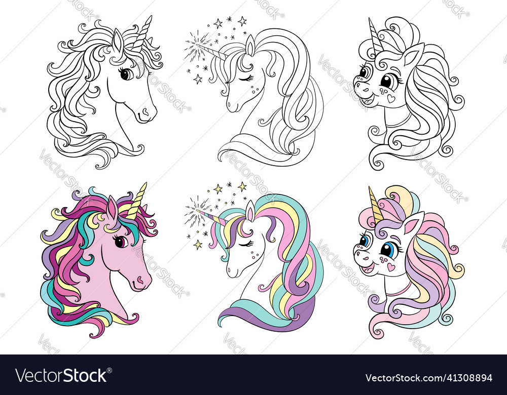 Set of three cartoon unicorns heads coloring