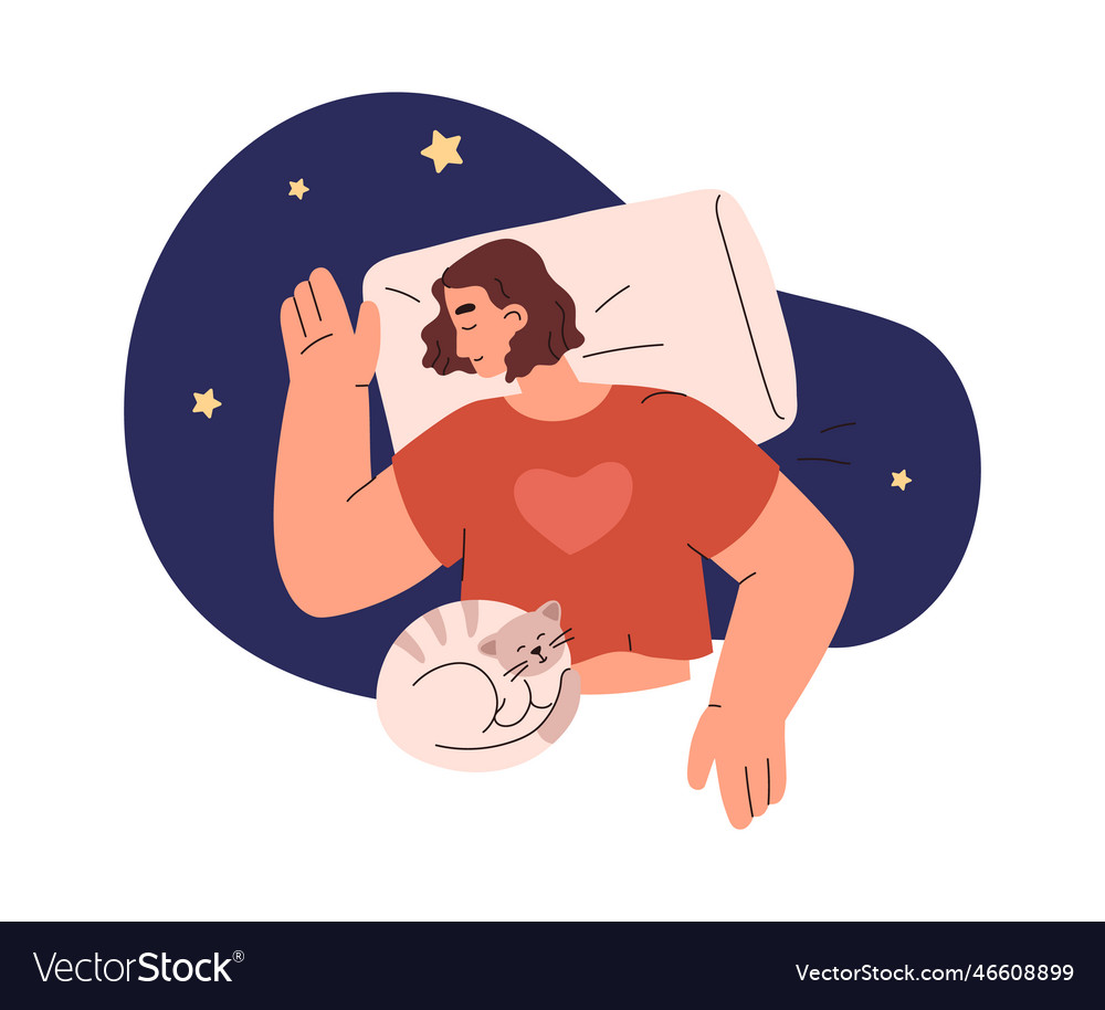 Banner with woman and cat sleep in same bed flat Vector Image