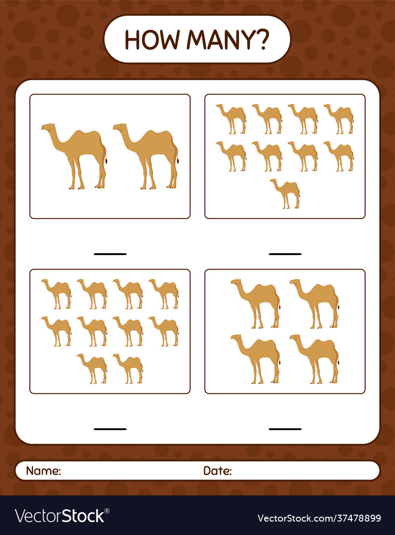How many counting game with camel worksheet vector image How many counting game with camel worksheet