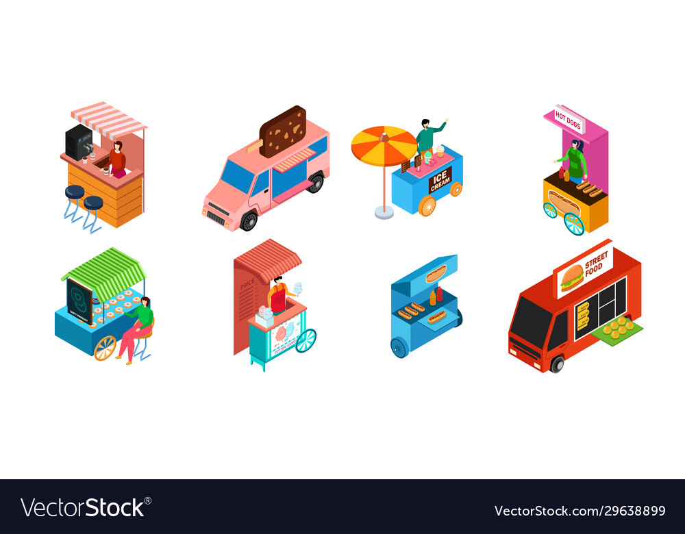 Street Food Trucks & Kiosks - Isometrisches Set