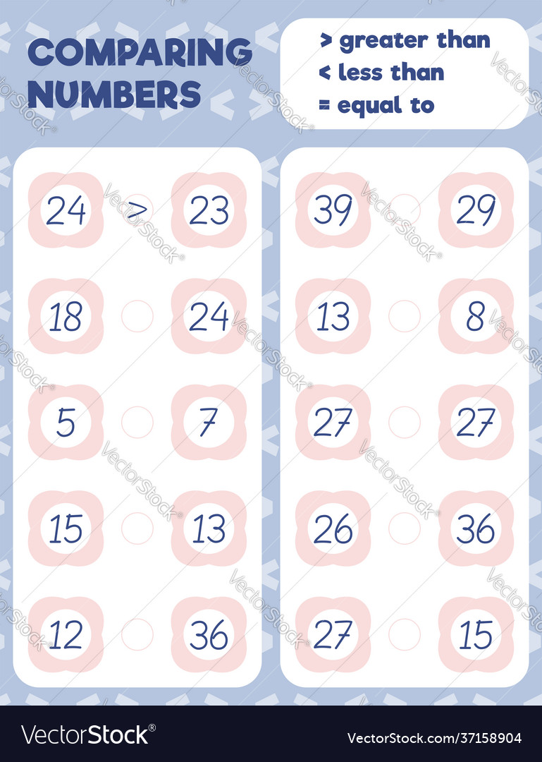 Comparing numbers worksheet practice print sheet Vector Image Comparing numbers worksheet practice print sheet