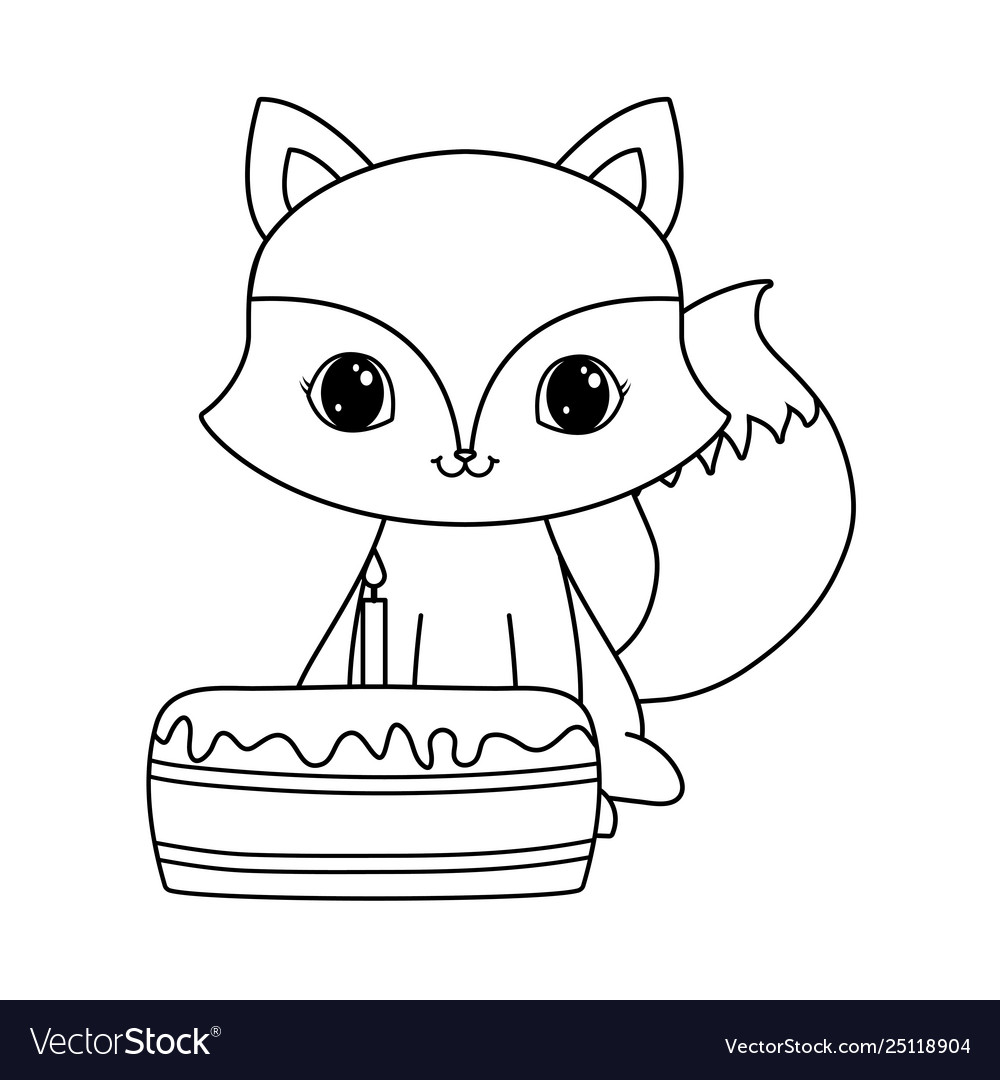 Cute fox animal with cake birthday