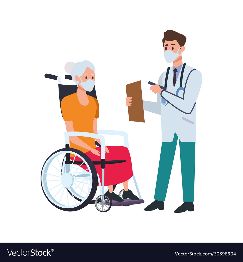 Doctor attending old woman in wheelchair