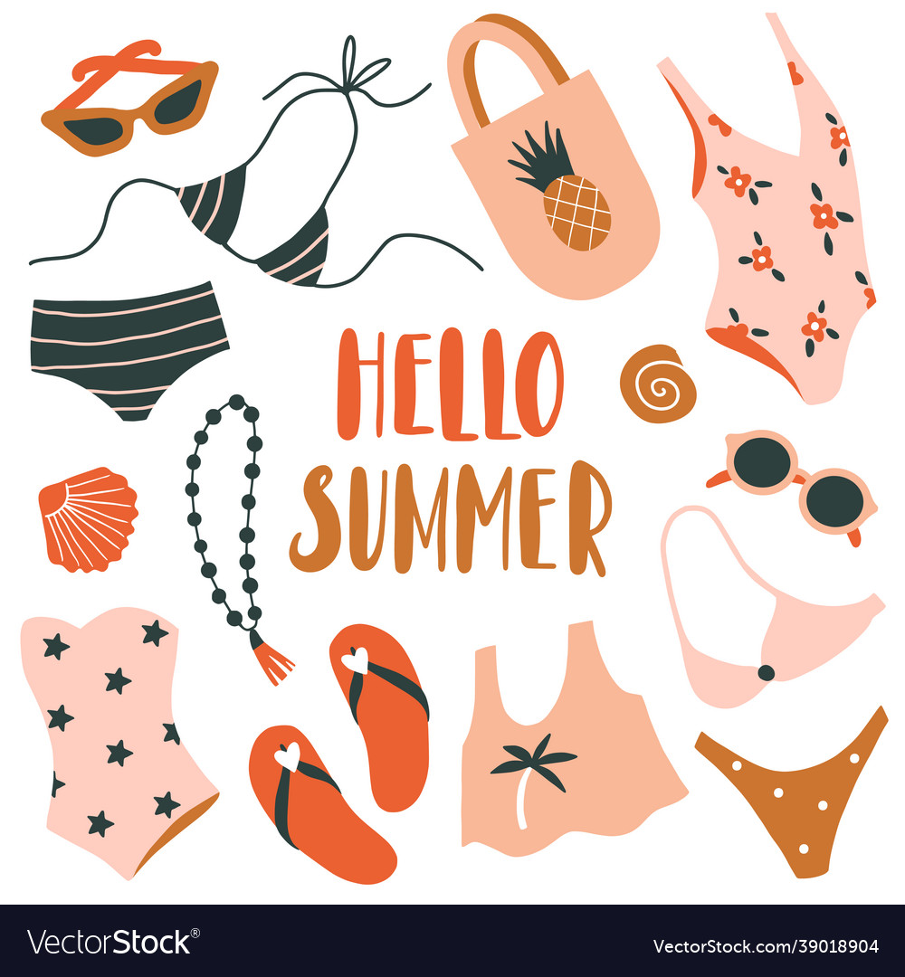 Hello summer card banner hand drawn clothes