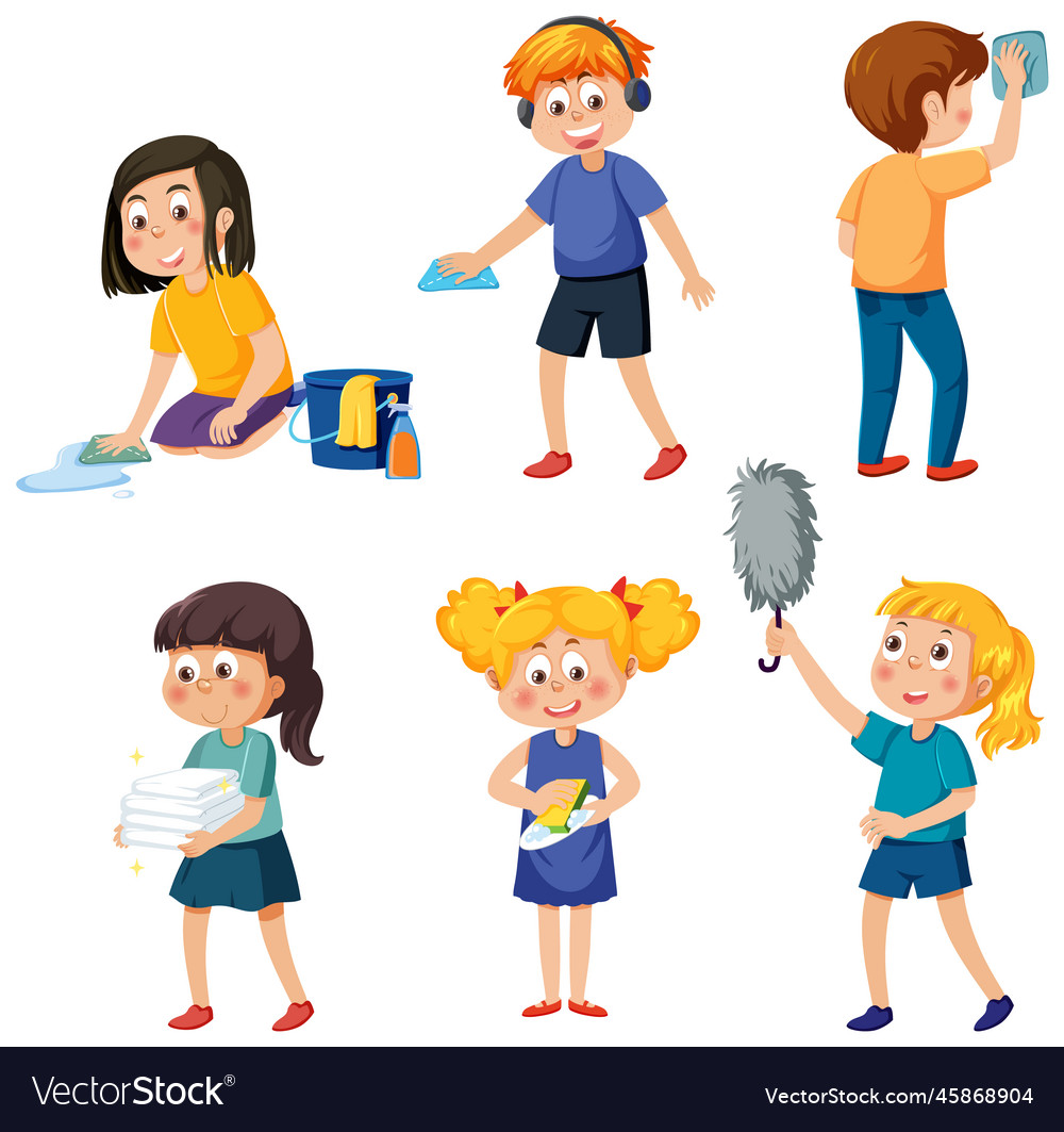 Kids cleaning at home set Royalty Free Vector Image