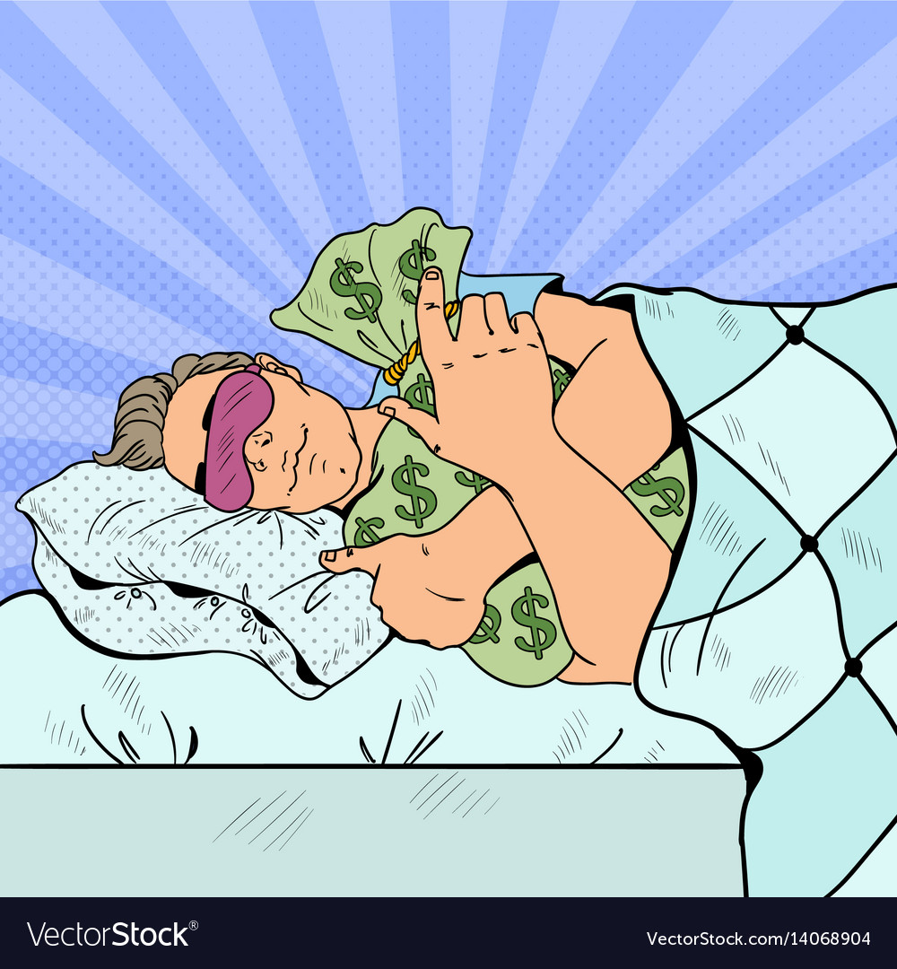 Pop art man sleeping in bed with money bags