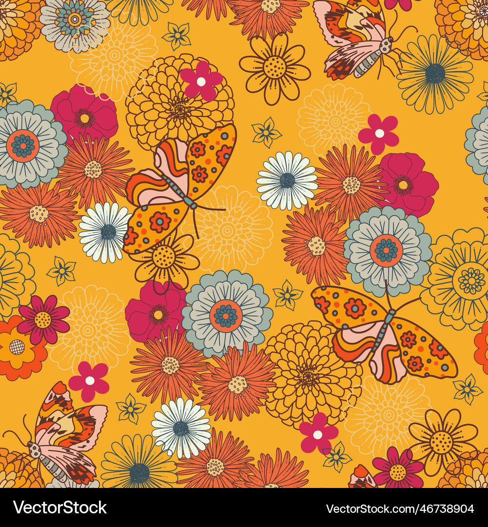 Retro Groovy Blooms And Butterly Seamless Pattern Vector Image
