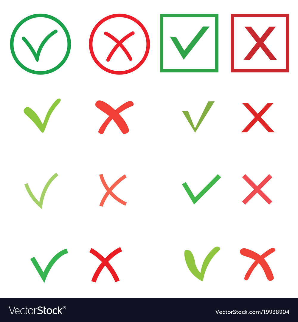 Tick and cross signs set green checkmark ok Vector Image