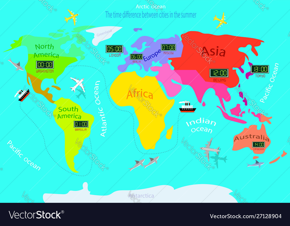 Time Zones On A World Map Difference Between Vector Image 9976