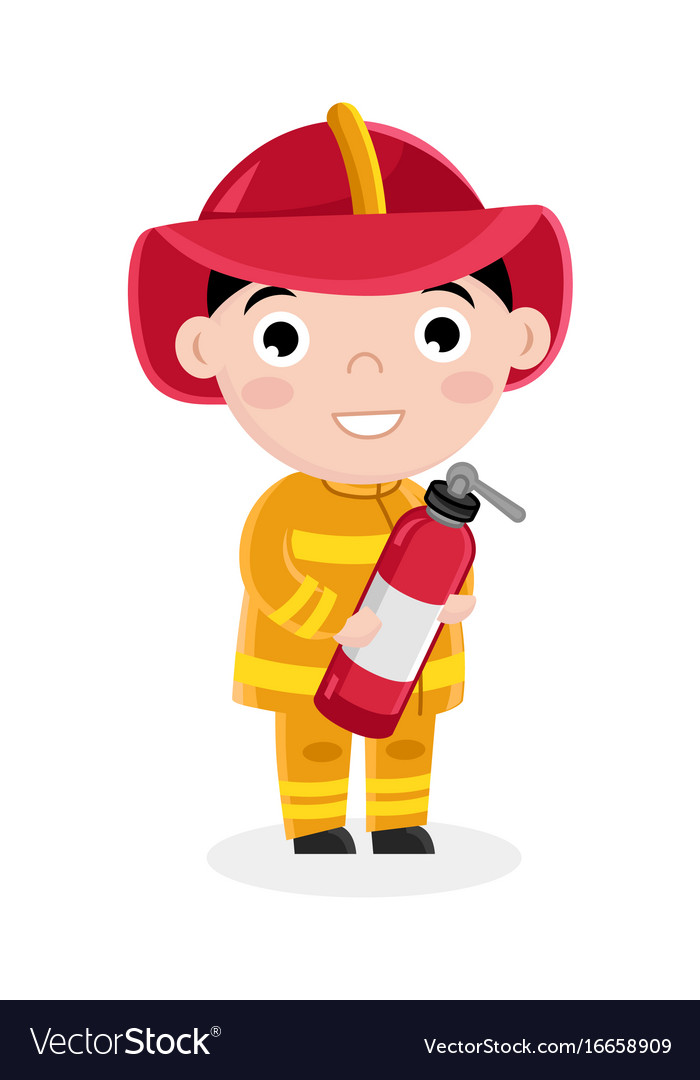 Boy In Fireman Uniform With Fire Extinguisher Vector Image