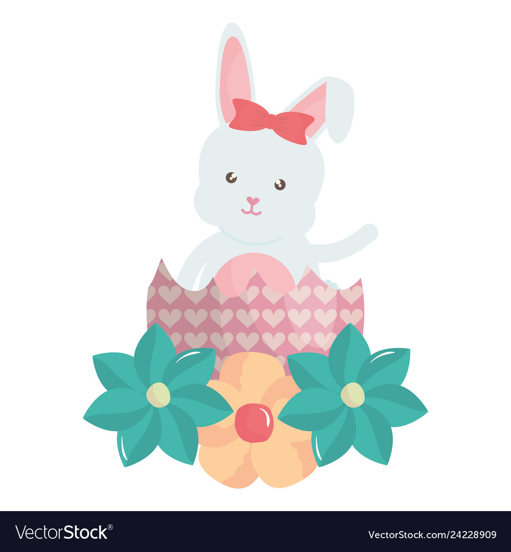 Cute rabbit with easter egg painted and flowers Vector Image