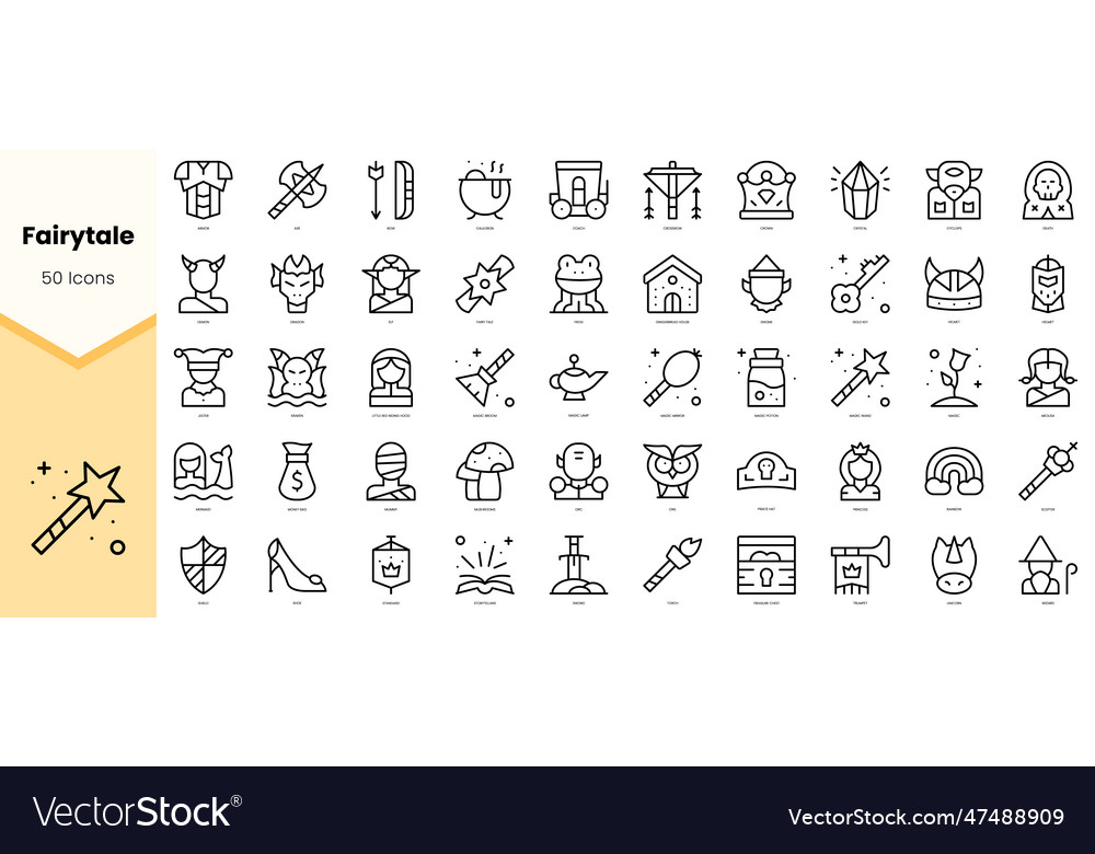 Set of fairytale icons simple line art style vector image Set of fairytale icons simple line art style