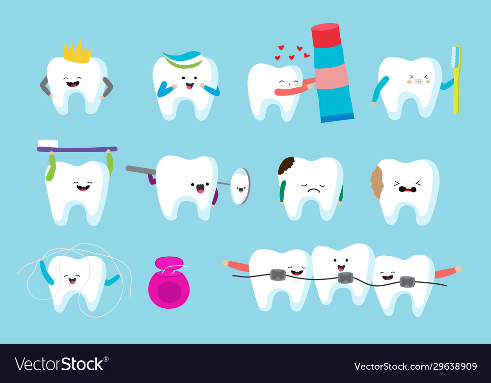 Teeth Cartoon Characters Set Isolated Cute Vector Image