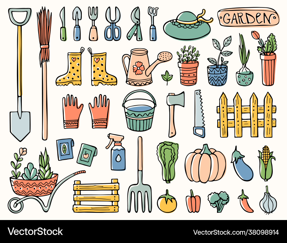Doodle garden set objects tools and elements Vector Image