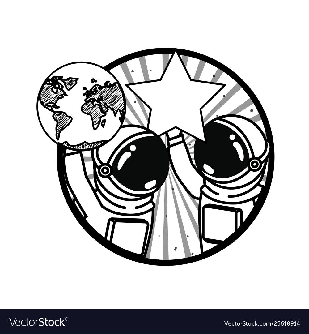 Frame with astronauts and star in white background