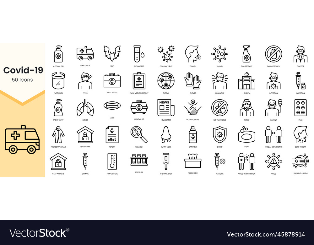 Simple outline set of covid 19 icons linear style vector image Simple outline set of covid 19 icons linear style