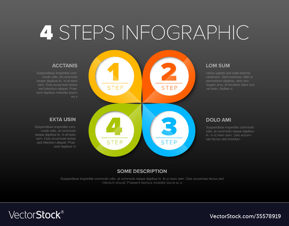 Four color circle pointers steps process vector image Four color circle pointers steps process