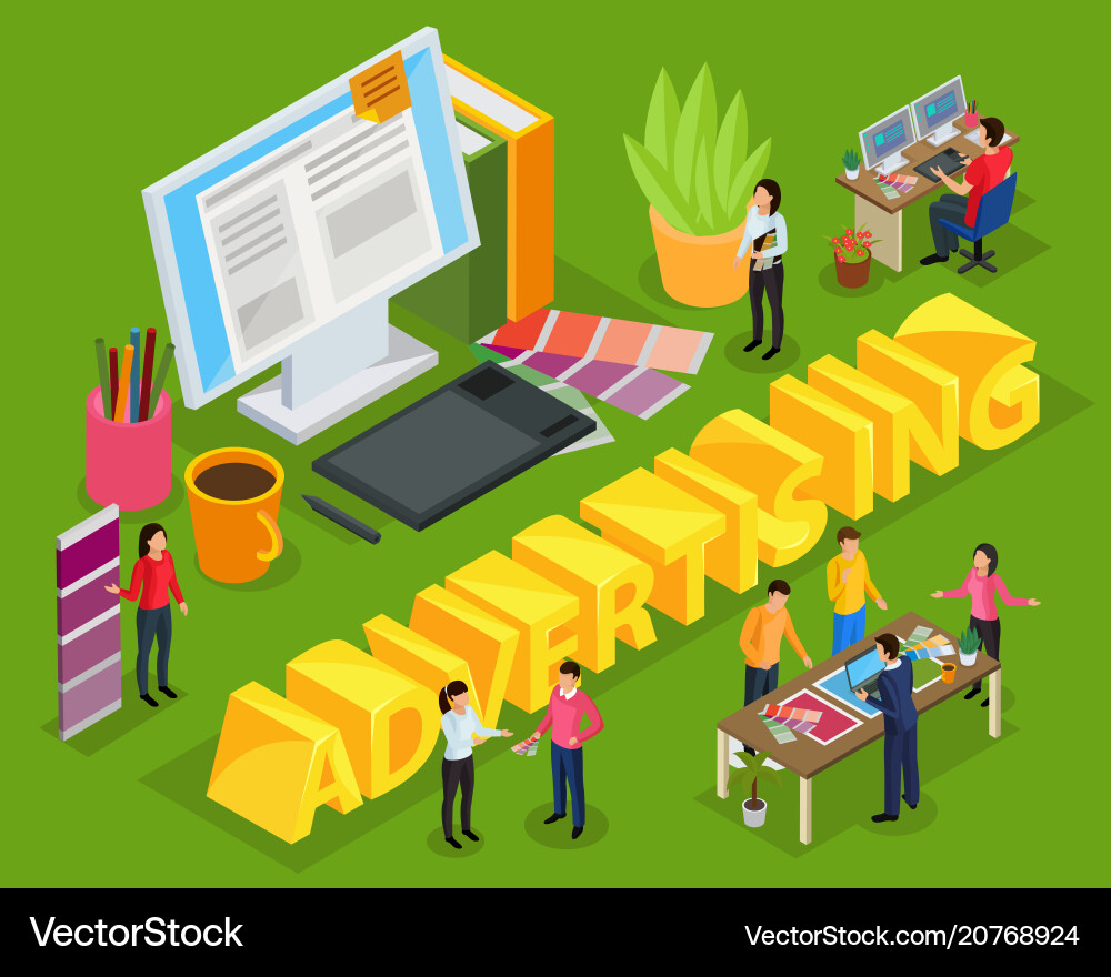 Advertising isometric composition Royalty Free Vector Image