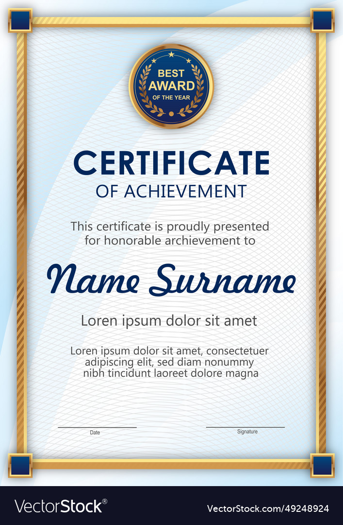 Blue and gold certificate template Royalty Free Vector Image