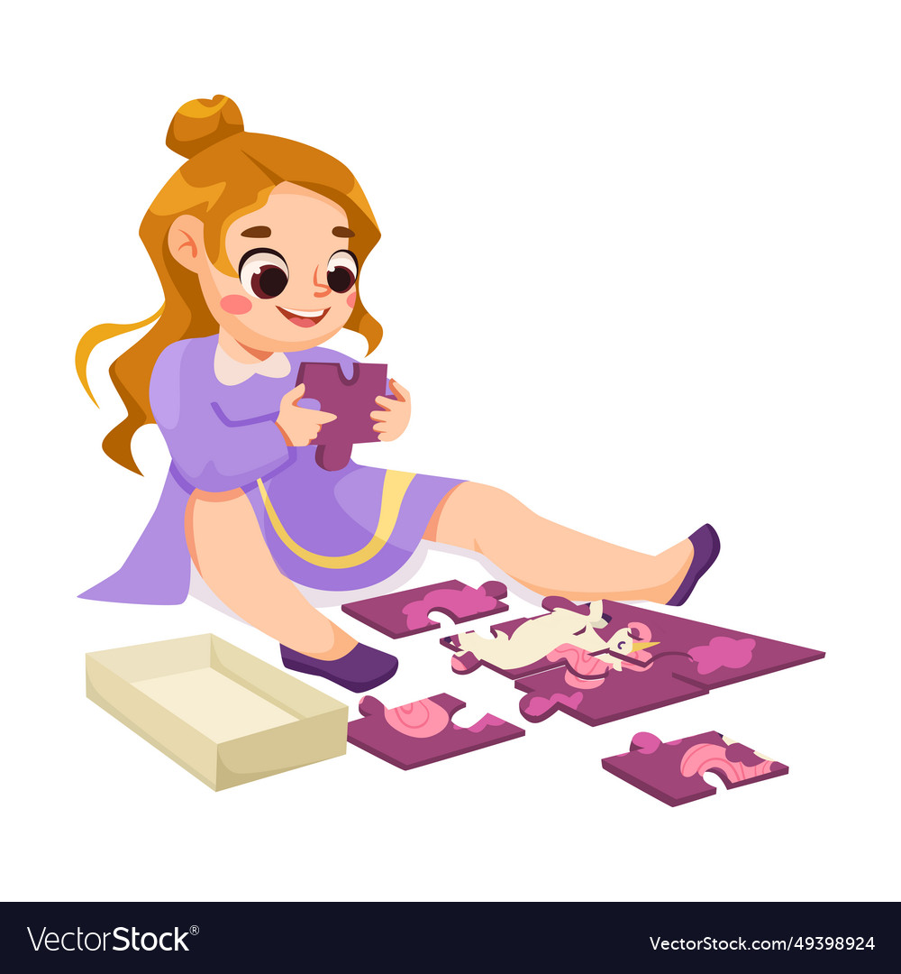 Little girl play jigsaw puzzle have creative