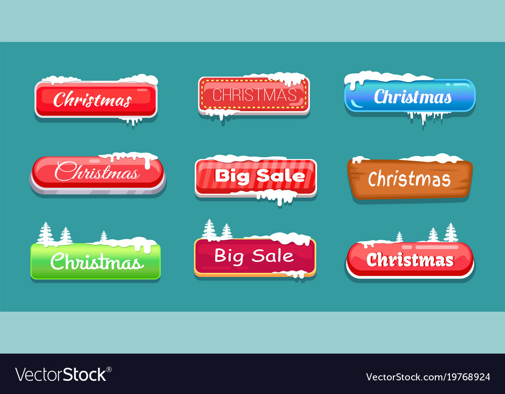 Set of winter theme web push button covered snow