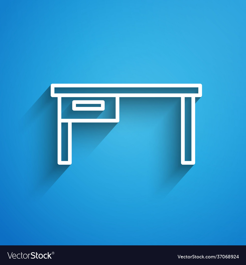 White line office desk icon isolated on blue