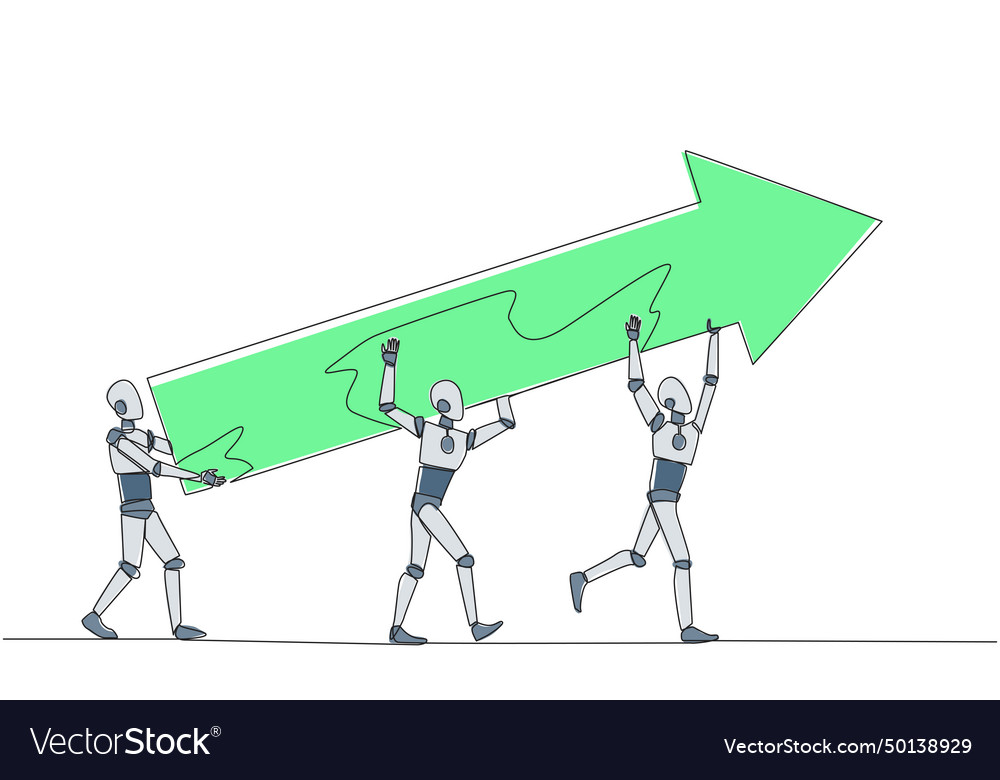 Continuous one line drawing three robots raised vector image Continuous one line drawing three robots raised