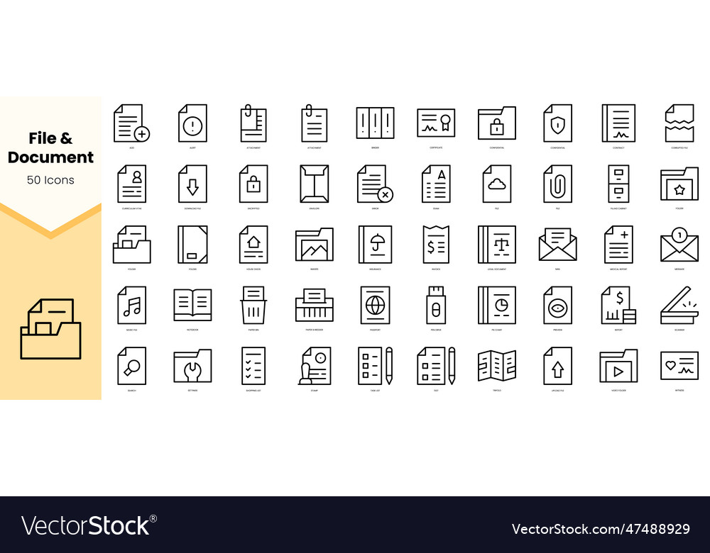 Set of file and document icons simple line art Vector Image Set of file and document icons simple line art