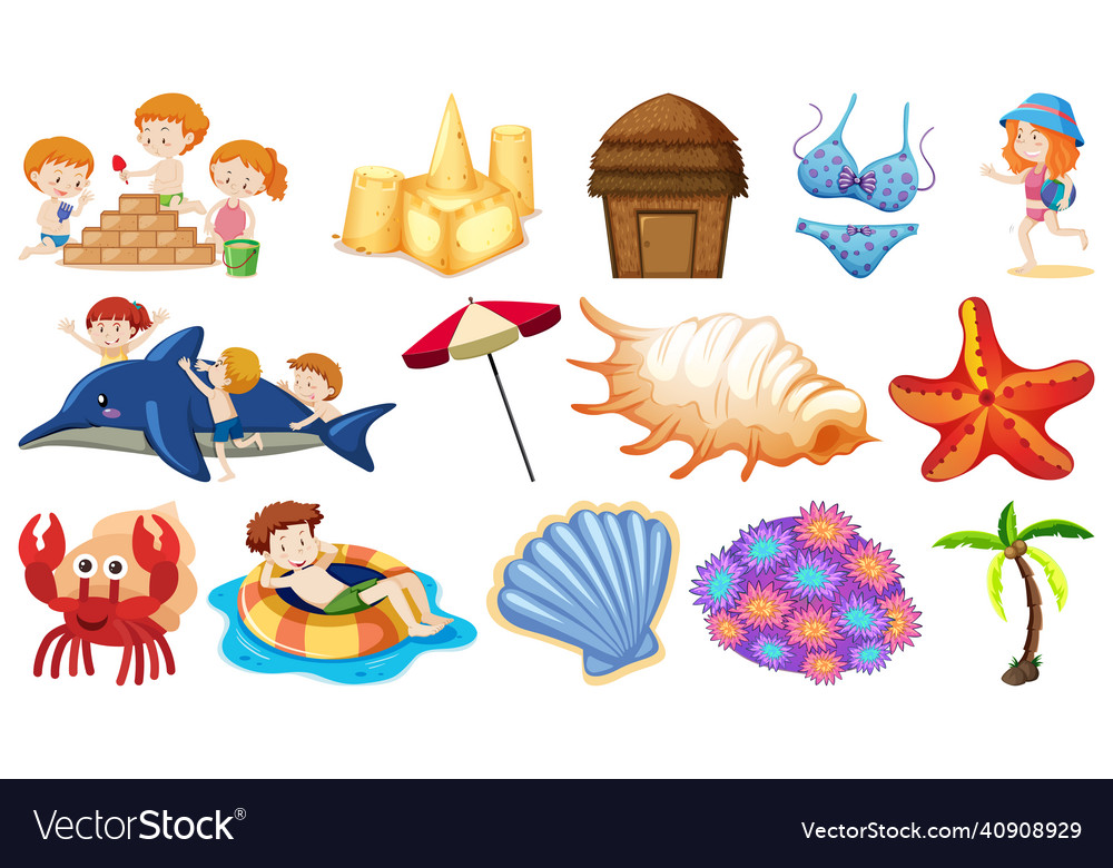 Set of summer beach objects and cartoon characters vector image Set of summer beach objects and cartoon characters