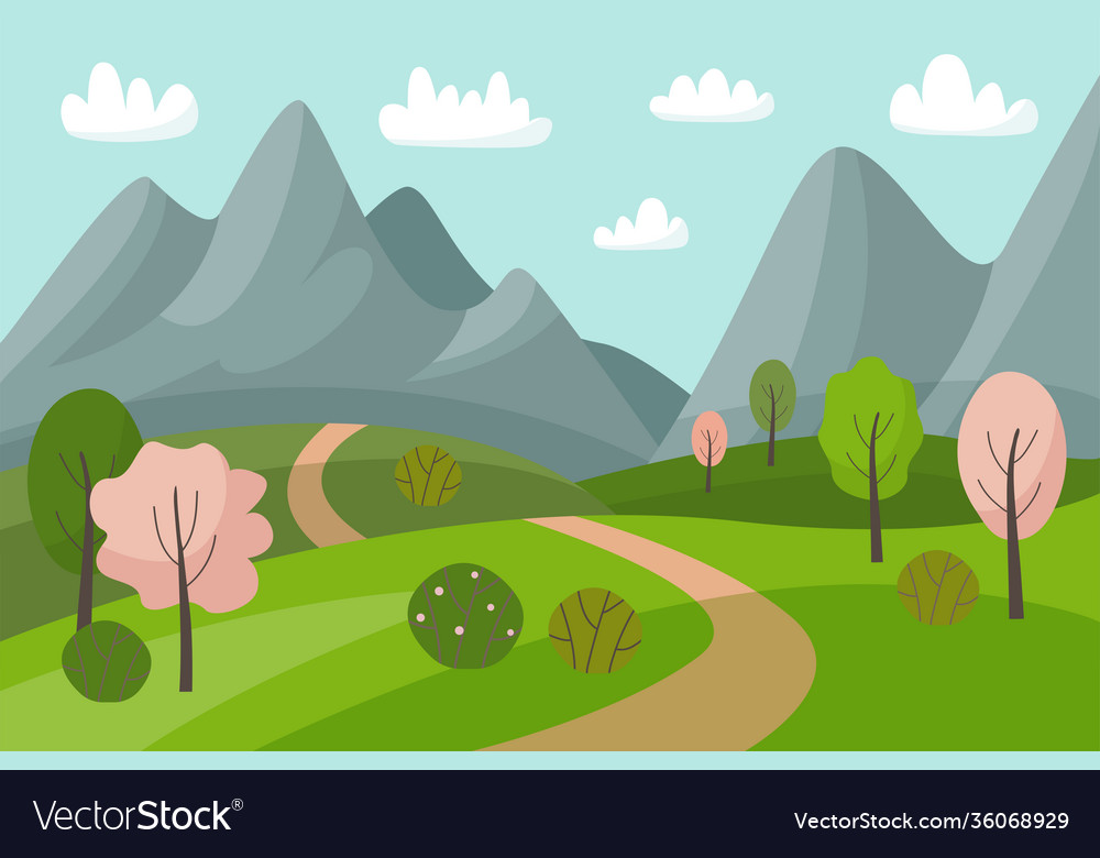 Spring mountain landscape with flowering trees Vector Image