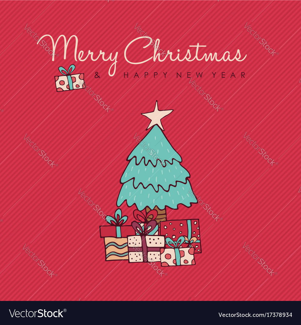 Christmas and new year red pine tree doodle card Vector Image