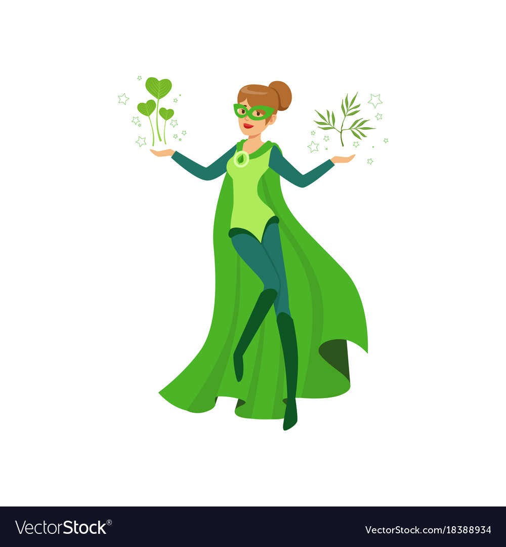 Female eco superhero levitates with green leaves Vector Image