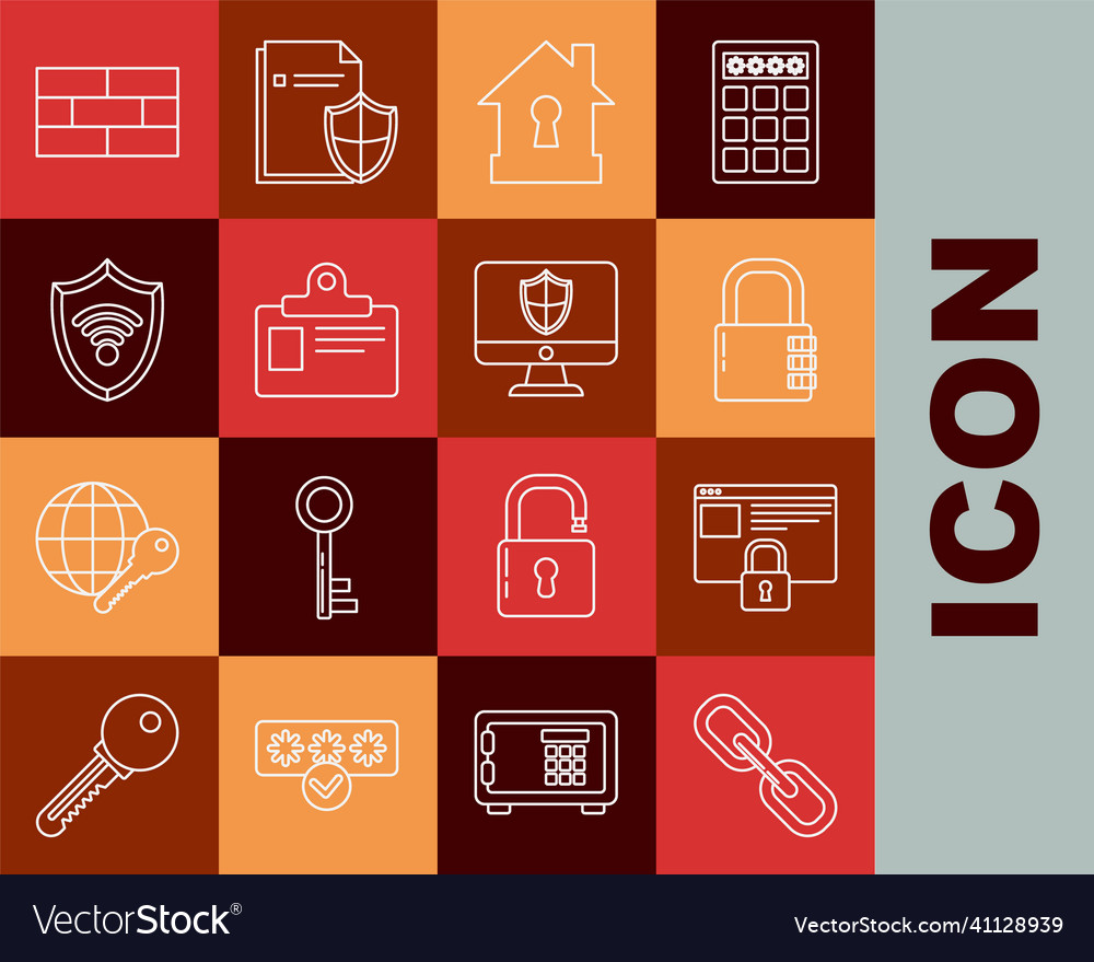 Set line chain link ssl safe combination lock vector image Set line chain link ssl safe combination lock