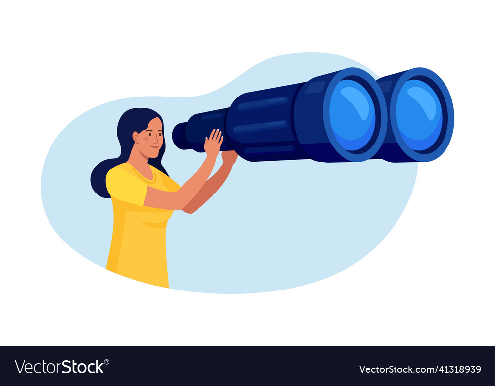 Woman looking through big binoculars far ahead Vector Image