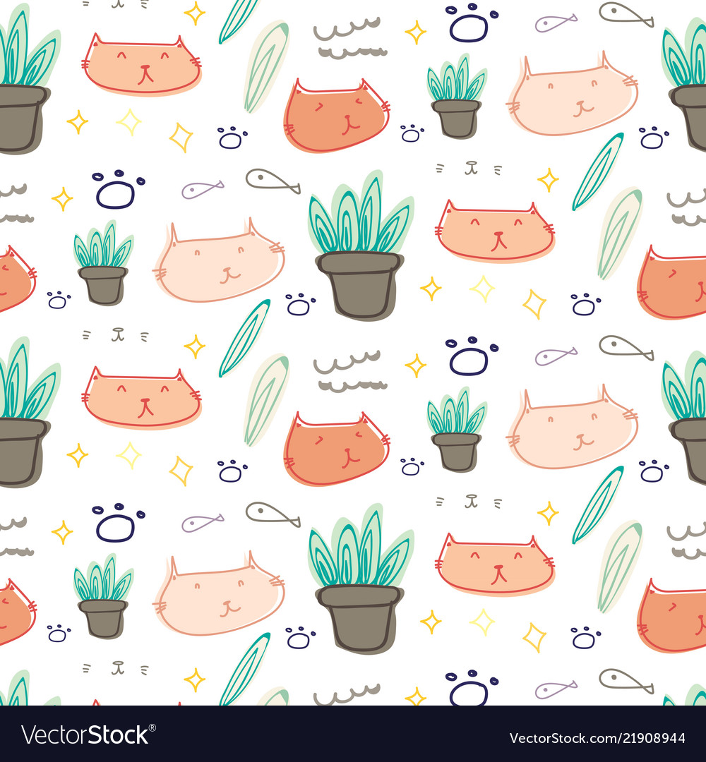 Cute cat doodle pattern background Royalty Free Vector Image