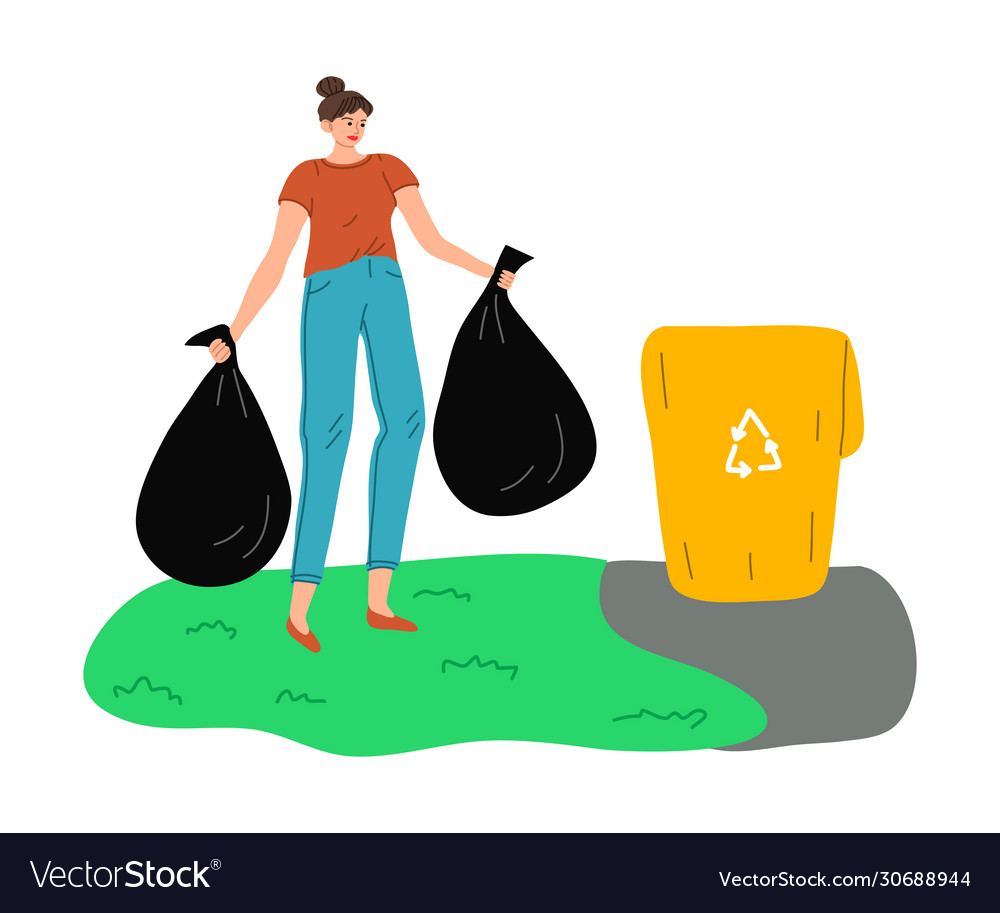 Young girl collecting and throwing garbage Vector Image